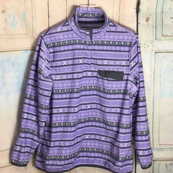 Jachs Cabin Womans Large Purple Gray Fair Isle Polyester Snap Closure Fleece Pul - Picture 1 of 5